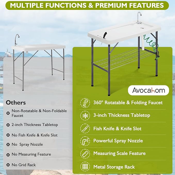 Folding Fish Cleaning Table Portable Camping Sink with Faucet Drainage Hose & Sprayer Outdoor Fillet Station Grid Rack Knife Groove for Picnic Fishing, Black