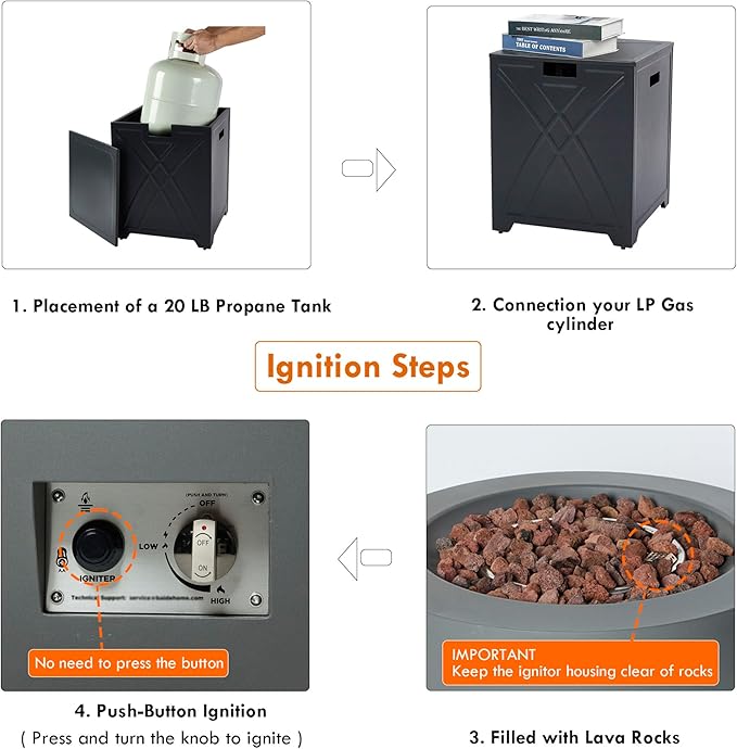 28-Inch Gas Fire Pit with Propane Tank Cover, 50,000 BTU Round Propane Fire Pit Table, Patio Fireplace Fire Bowl Firepit with Lid, Lava Rocks, Cover, Pre-Attached 10FT Propane Hose, Gray