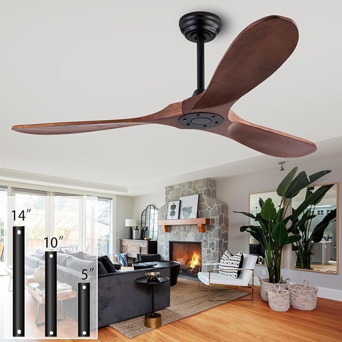 52" Wood Ceiling Fan No Lights with Remote Control,Wooden 3 Blades Ceiling Fans Without Light for Patio,Garage,Living Room,Bedroom,Office,Indoor/Outdoor(Black+Dark Walnut)