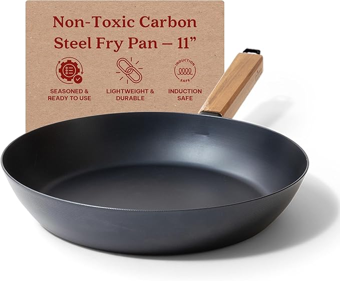 Alva Forest 11" Carbon Steel Frying Pan Pre-Seasoned, Lightweight Chef-Grade Skillet with Stay-Cool Acacia Handle, Natural Nonstick, Induction & All-Stove Compatible – Professional Restaurant Quality