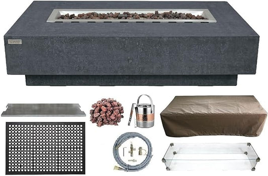 Elementi | Bundle Hampton Gas Fire Pit Cast Concrete 56" Rectangular Fire Table, Outdoor Fire Pit Electronic Ignition | Canvas Cover, Lava Rock Included | Dark Gray (Natural Gas)