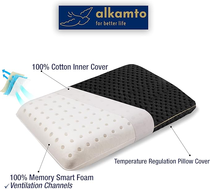 Memory Foam Pillow for Travel and Camping with Extra Cotton Cover – Easy to Carry Portable Bag (Black)