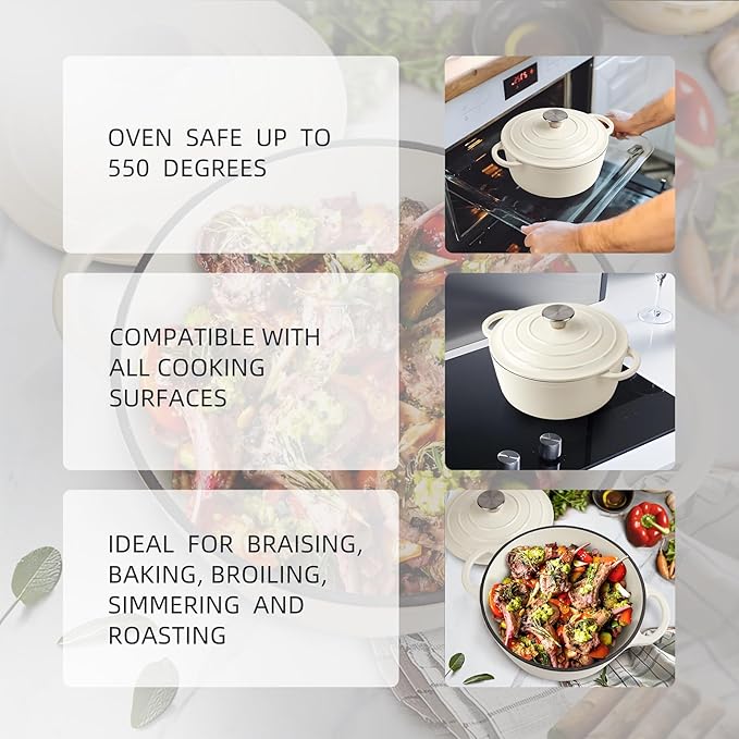 6 Quart Dutch Oven Enameled Cast Iron with Lid - Big Dual Handles - Oven Safe up to 500°F - Classic Round Pot for Versatile Cooking (Cream, 6 QT)