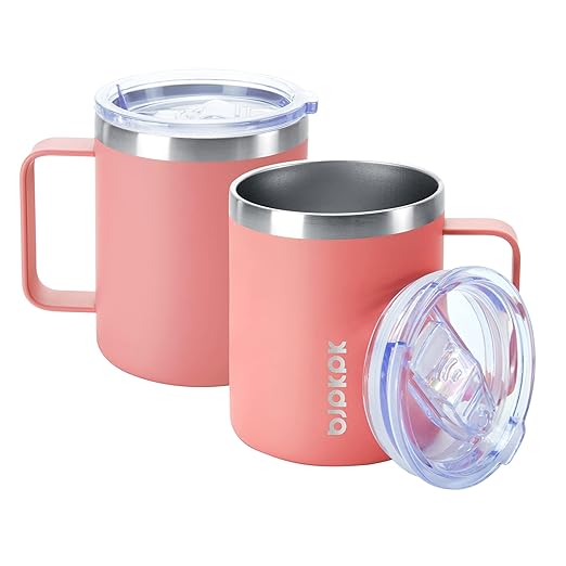 BJPKPK 2 pcs Insulated Coffee Mug, 14oz Insulated Tumbler with Lid, Stainless Steel Coffee Cups with Splash Proof Lid-Light Pink