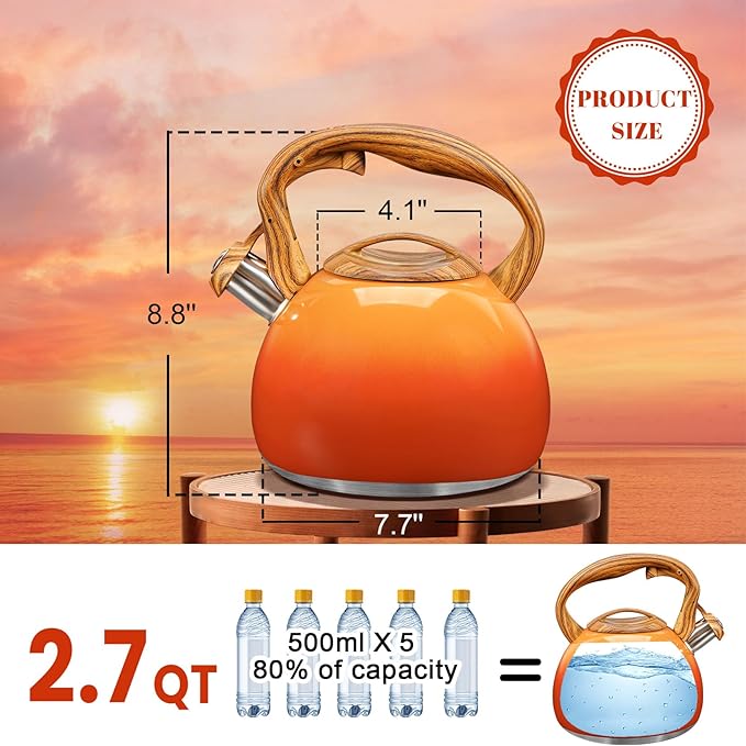 GGC Tea Kettle for Stove Top, 3.1QT/3L Whistling Tea Kettles for Boiling Water, Coffee or Milk, Red Sunset Tea Pot with Wood Pattern Handle, Stainless Steel Tea Pot for Home and Kitchen