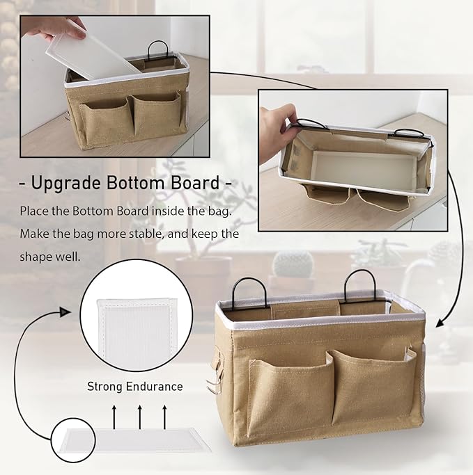 3pcs Middle Wall Hanging Organizer Bag, Linen Fabric Door Hanging Storage Basket with Pockets, Waterproof Bin for Kitchen, Bedroom, Office, RV Camper (Khaki)