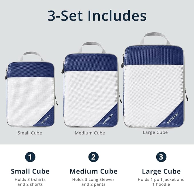 3 Set Compression Packing Cubes for Travel - Compressible, Lightweight, and Space-Saving Packing Cubes, Travel Essentials for Women, Navy