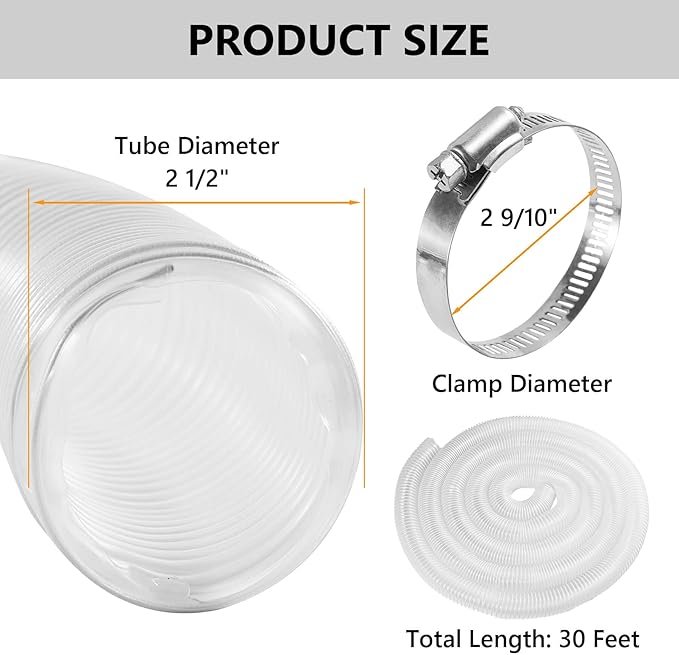 2 1/2" x 30' PVC Dust Collection Hose, Puncture Resistant Fume Collection Hose with 8 Pieces Stainless Steel Clamps, Clear Dust Collector for Woods Debris