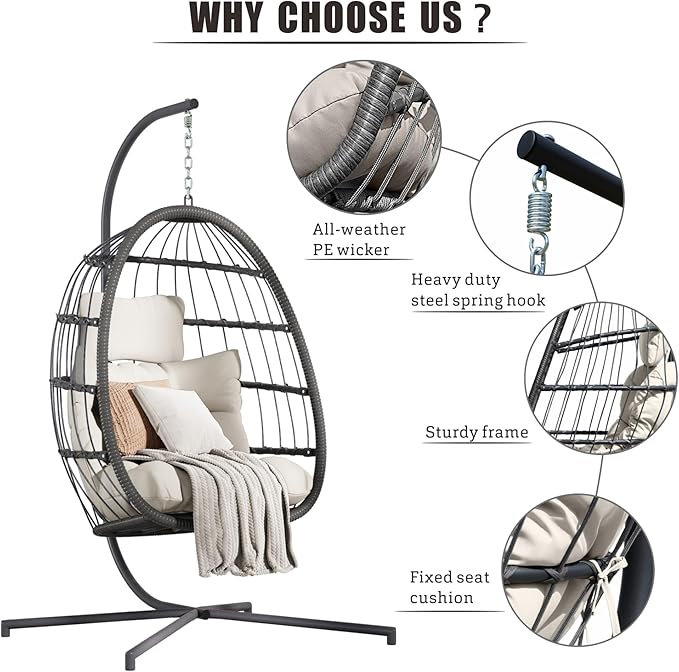HWB Hanging Egg Chair with Stand, Patio Wicker Hammock Egg Swing Chair with Cushion for Bedroom Garden Indoor Outdoor (Beige)
