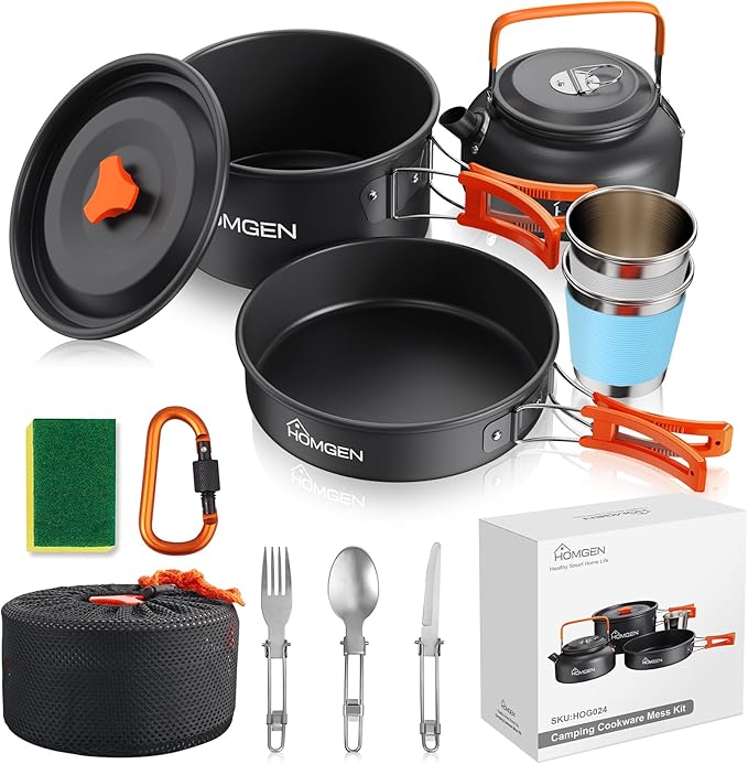 HOMGEN 12-Pieces Ultralight Anodized Aluminum Camping Cookware Set for 2 People - Nesting Pot/Pan with Foldable Handles 800ml Insulated Teapot & Stainless Cups - Compact Backpacking Gear for Camping