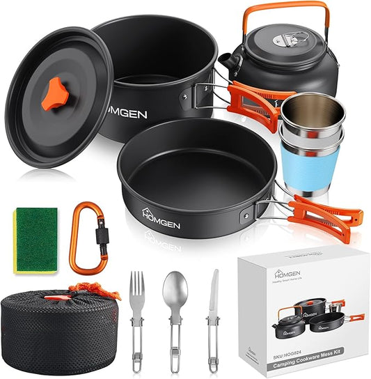 HOMGEN 12-Pieces Ultralight Anodized Aluminum Camping Cookware Set for 2 People - Nesting Pot/Pan with Foldable Handles 800ml Insulated Teapot & Stainless Cups - Compact Backpacking Gear for Camping