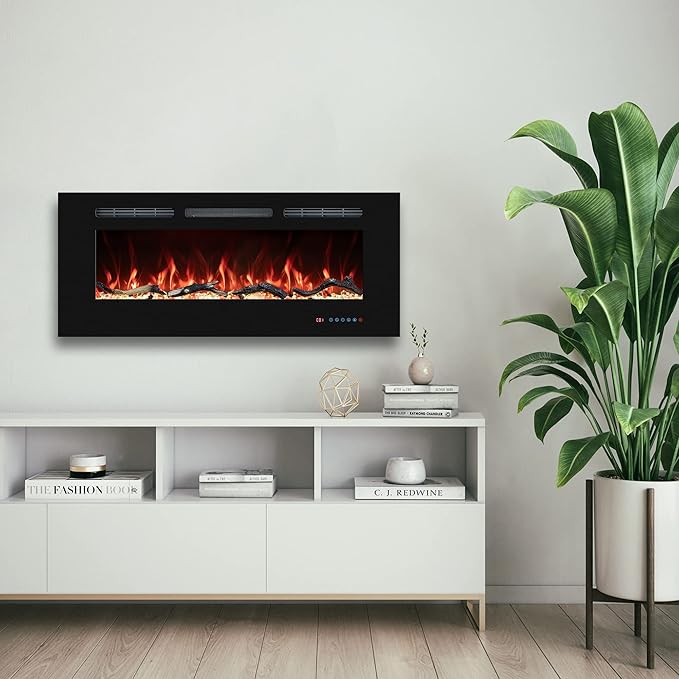 48'' Electric Fireplaces Inserts, Recessed & Wall-Mounted Fireplace Heater with Thermostat, Multicolor Flames,Timer, Log & Crystal, 750/1500W, Black