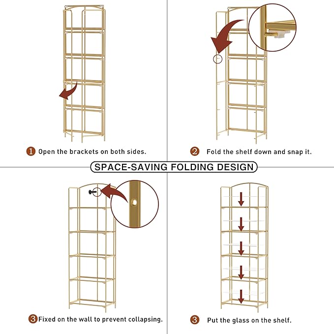 Crofy No Assembly Folding Bookshelf for Living Room, 5 Tier Gold Collapsible Book Shelf for Home Office, Portable Bookcase Storage Organizer
