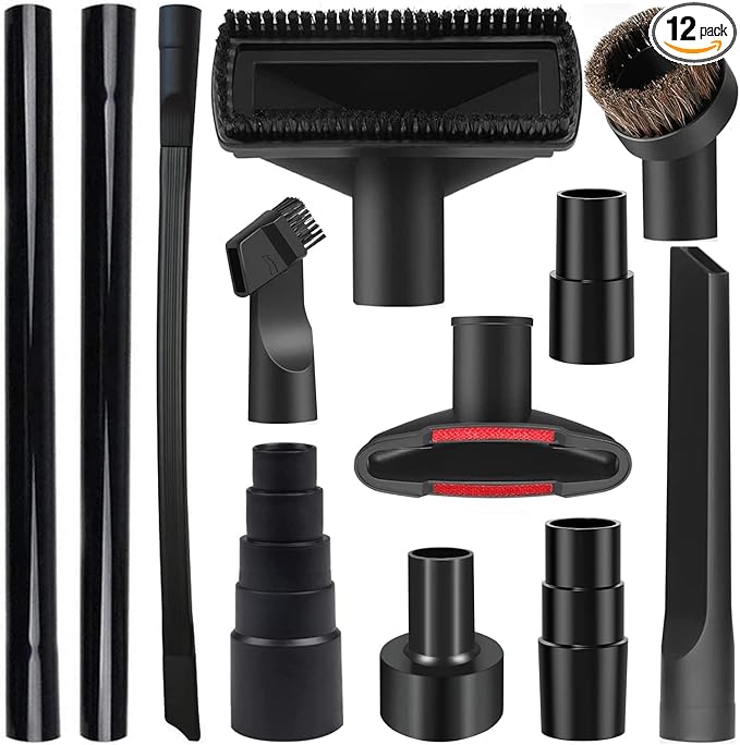 12PCS Universal Vacuum Attachment Kit Wet Dry Plastic Vacuum Hose Adapter 1-1/4" Vacuum Cleaners Accessories with Horse Hair Brush Extension Wand Flexible Crevice Tool Adapter for Shop Vac Accessories
