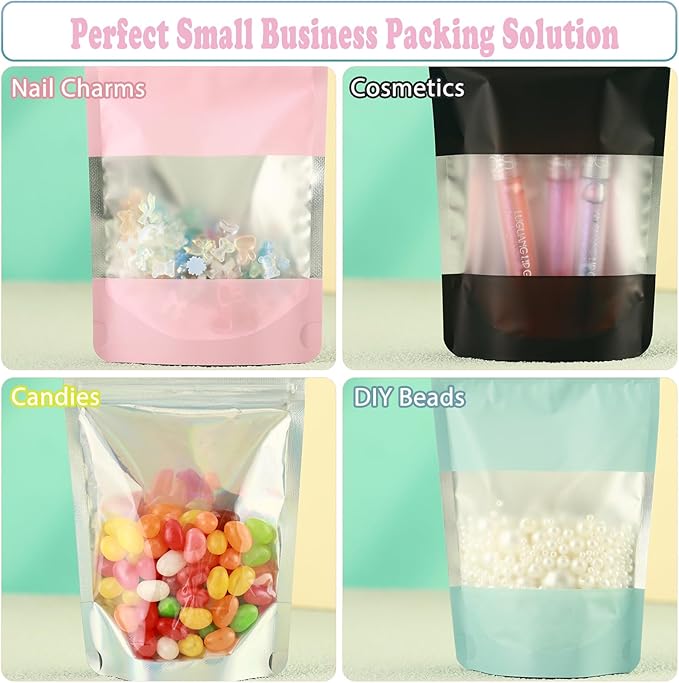 200 Pcs Mylar Bags for Food Storage 4x6 Mylar Bag with Window, Foil Stand Up Resealable Bags for Food, Smell Proof Bag Freeze Dried Candy Packaging Sealable Pouch Jewelry Bracelet Pouch Black