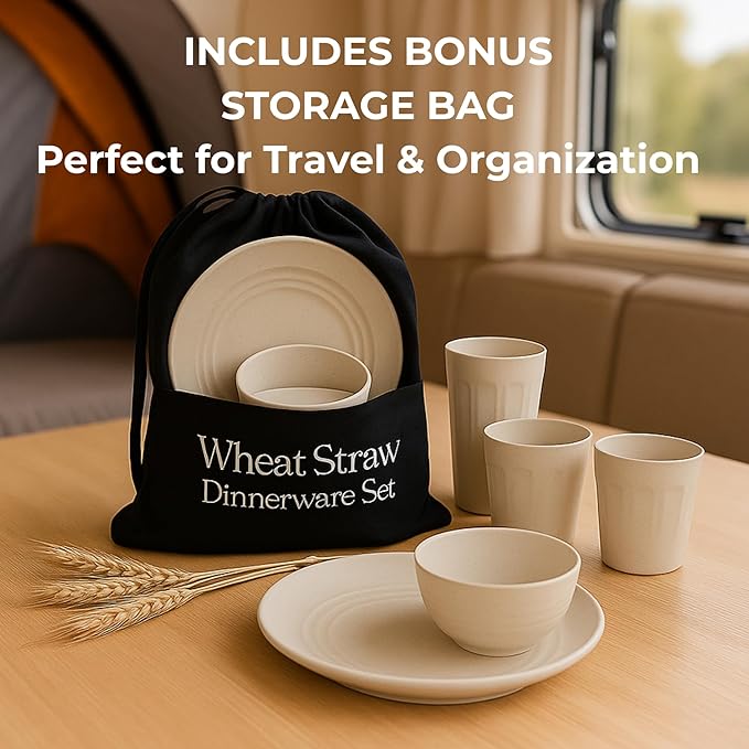 Fern & Soul Wheat Straw Dinnerware Sets, Dish Set for 8, 24 pcs with Storage Bag. Unbreakable, Dishwasher Safe, Kitchen Plastic Plates Bowls Sets, College Dorm, RV Camping Dishes Plate Set (Beige)