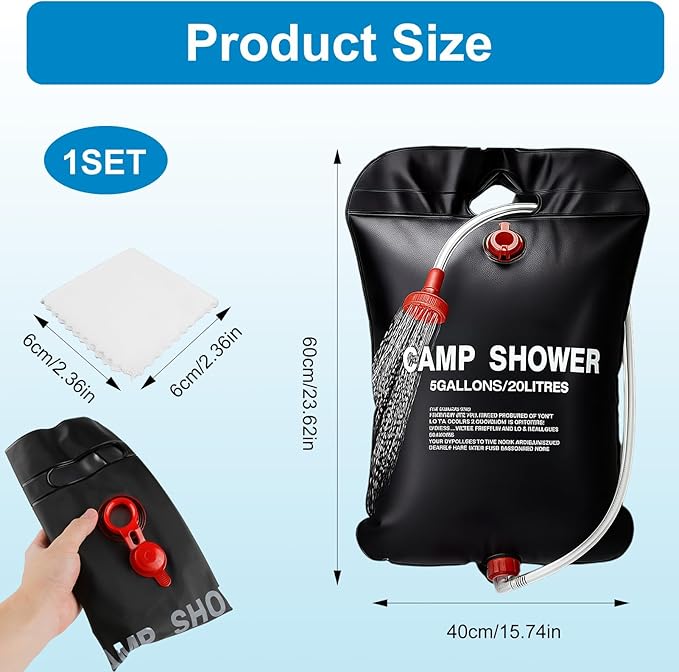 5 GallonsSolar Shower Bag with a Cotton Towel, 20L Portable Solar Heating Camping Shower Bag for Outdoor Traveling Hiking Summer Shower, Cold ＆ Hot Water Hiking Climbing (Black)