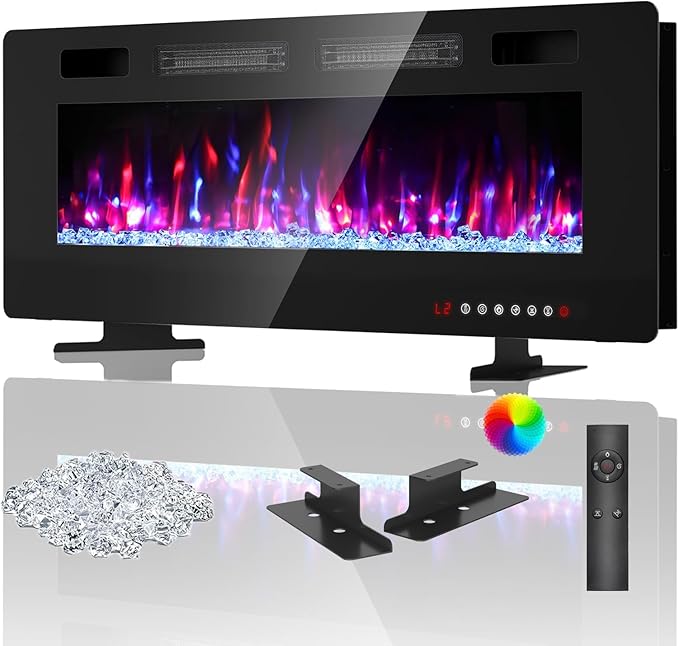 BREEZEHEAT 50 Inch Ultra Thin Electric Fireplace-Freestanding or Recessed Wall Mounted Fireplace Heater, Remote Control, Touch Screen, 750W/1500W, 8H Timer for Living Room, Bedroom, Office