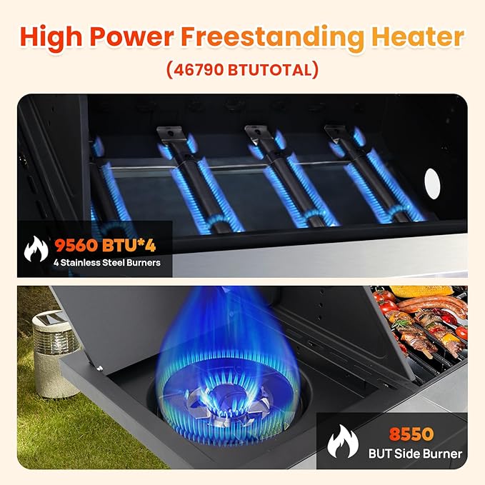 4-Burner Propane Gas BBQ Grill with Side Burner, Porcelain-Enameled Cast Iron Grates and Side Tables, 46,790 BTU Stainless Steel Grill for Outdoor Camping Barbecue Grilling Backyard Cooking