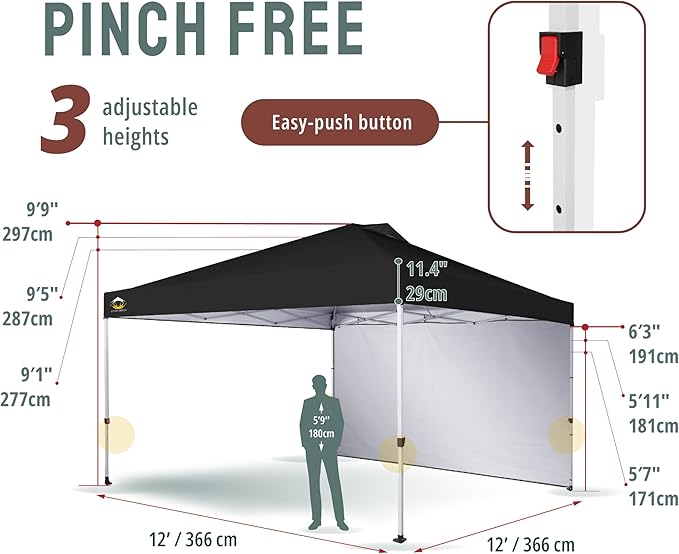 CROWN SHADES 12x12 Pop Up Canopy Tent Instant Commercial with 150D Silver Coated Fabric Including 1 Removable Sidewall, 4 Ropes, 8 Stakes, Weight Bags, STO 'N Go Bag, Black