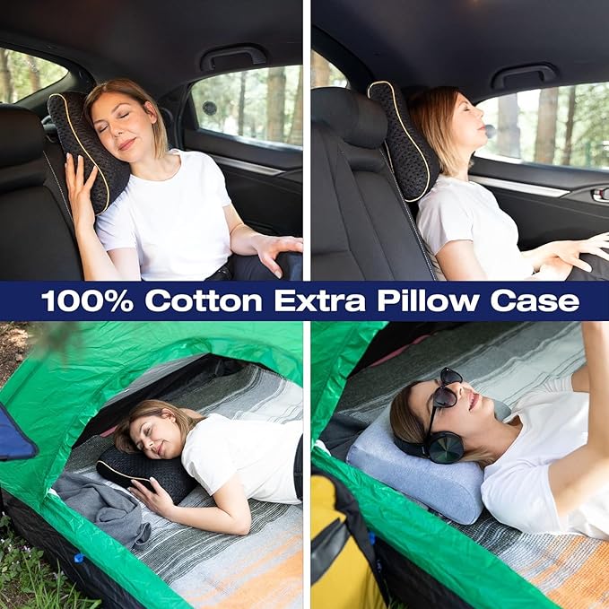 Memory Foam Pillow for Travel and Camping with Extra Cotton Cover – Easy to Carry Portable Bag (Black Contour)