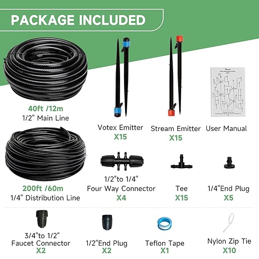 240FT Drip Irrigation System Kit, Automatic Garden Watering System for Plant, Greenhouse, Yard, Lawn, with 1/2 inch 1/4 inch Irrigation Tubing Hose and Accessories