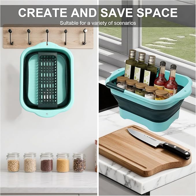 2.77 Gallon (10.5L) Collapsible Dish Basin with Drain Plug, Green Camping Dish Basin for RV, Space-Saving Foldable Wash Tub, BPA-Free Portable Sink for Vegetables and Dishes- with Brush