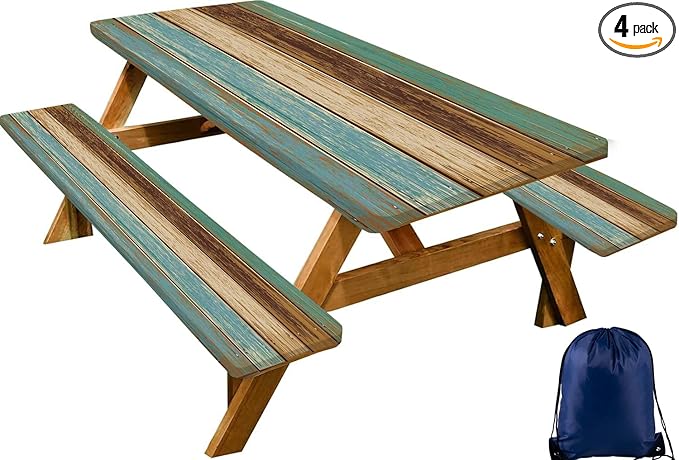 CAPSCEOLL Elastic Picnic Table Cover with Bench Covers 5Ft Waterproof Fitted Picnic Table Cover Cloths for Outdoors Camping Tablecloth with Drawstring Bag, 60X30in, Blue Brown Wood