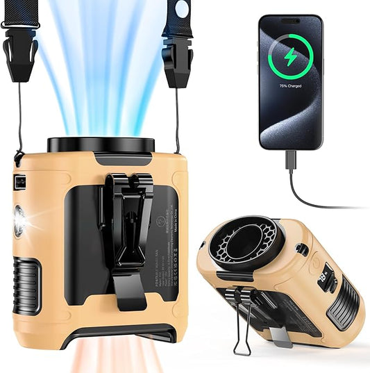 COMLIFE 10000mAh Portable Waist Clip Fan - 40H Cooling Personal Wearable Fan,5 Speeds 16000RPM Strong Belt Fan,Rechargeable Hands-free Neck Fan With Flashlight for Outdoor Jobsite Camping Traveling