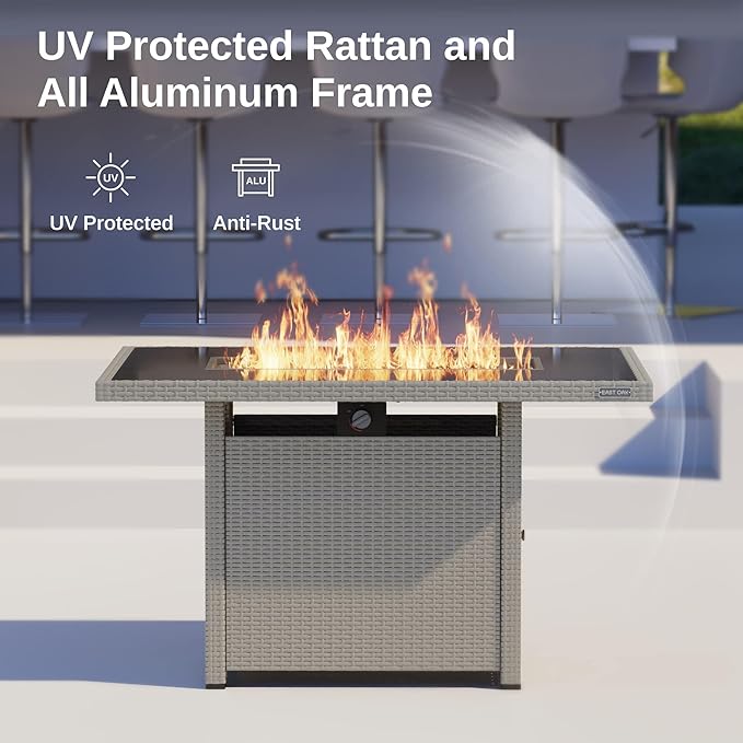 EAST OAK 44'' Propane Fire Pit Table, 60,000 BTU Gas Fire Table w/Aluminum Frame, H Type Burner and Tempered Glass Tabletop, CSA Listed Outdoor Patio Firepit, Fire Glass and Lid, Grey