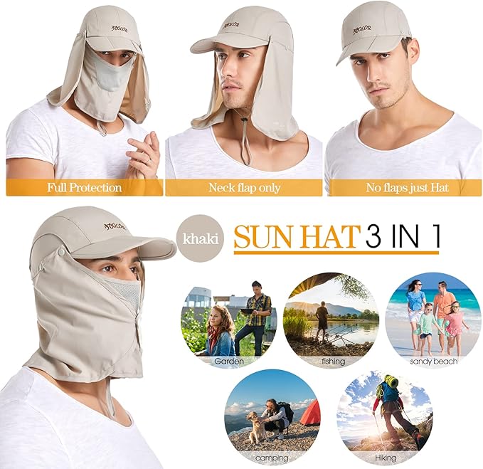icolor Sun Hats for Men Women with Neck Flap,Foldable Sun Cap Fishing Sun Hats,UPF50+ Sun Protection Ponytail Hats