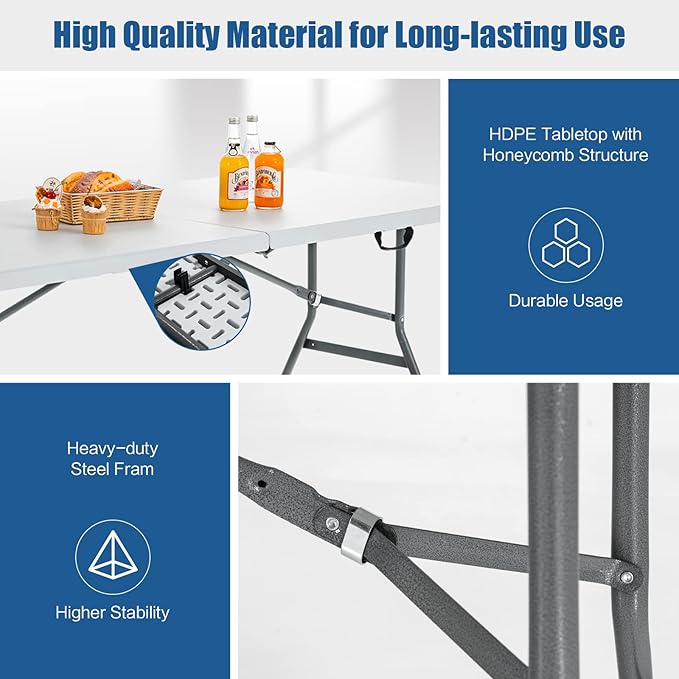 Goplus 6ft Folding Table, Indoor Outdoor Foldable Plastic Folding Tables, Heavy-Duty Rectangular Fold Up Table w/Handle, Portable Utility Card Table for Picnic, Party, Dining, Camping, Beach, White