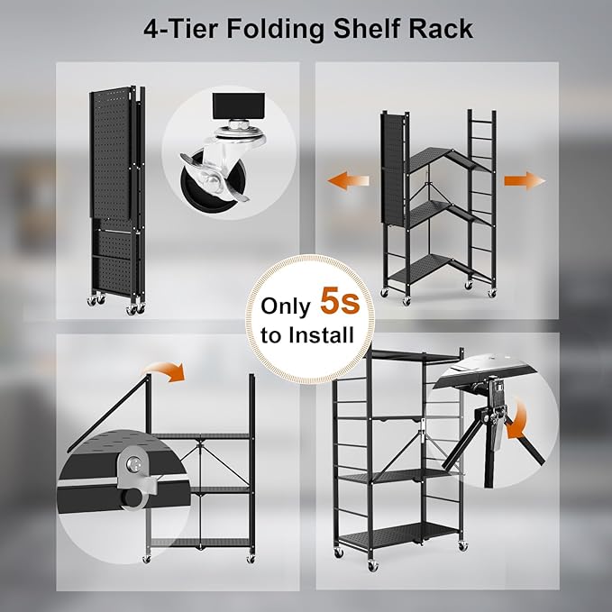 Himix Storage Shelves with 20 Hooks, 4-Tier Foldable Shelves for Storage, Folding Shelf Unit Pantry Shelves with Wheels, Metal Shelving Storage Rack Shelf for Kitchen Garage Home, Black - No Assembly