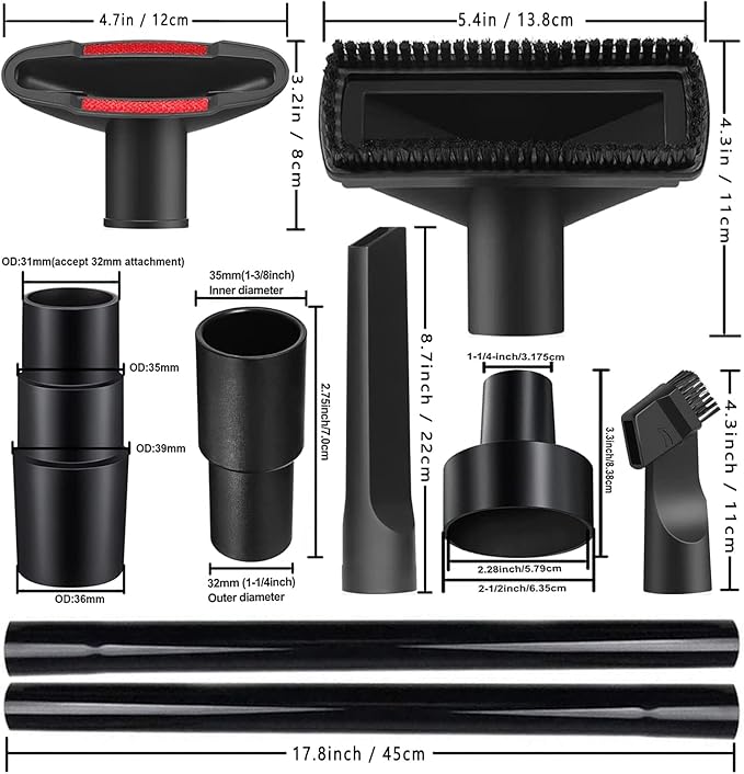 12PCS Universal Vacuum Attachment Kit Wet Dry Plastic Vacuum Hose Adapter 1-1/4" Vacuum Cleaners Accessories with Horse Hair Brush Extension Wand Flexible Crevice Tool Adapter for Shop Vac Accessories