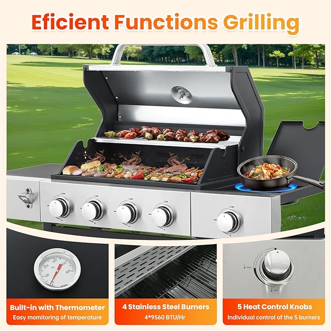 4-Burner Propane Gas BBQ Grill with Side Burner, Porcelain-Enameled Cast Iron Grates and Side Tables, 46,790 BTU Stainless Steel Grill for Outdoor Camping Barbecue Grilling Backyard Cooking