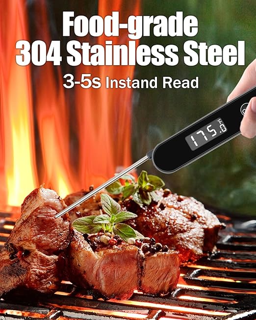 Meat Thermometer Digital for Cooking and Grilling,Instant Read Food Thermometer with Battery,Folding Accurate Probe Kitchen Thermometer for BBQ,Backlit LCD,Store by Magnet and Hook (Black)