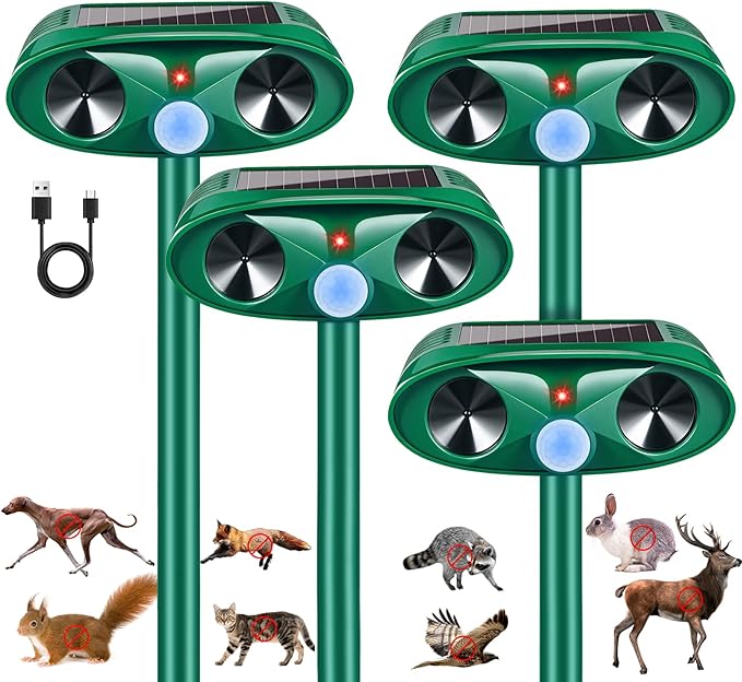 4 Pack 2025 Ultrasonic Solar Animal Repellent Outdoor, Squirrel Fortress Pro Deer Repellent Devices Motion Detection,Waterproof Repeller for Cat Mouse Raccoon Dog Rabbit,Garden Yard Protection
