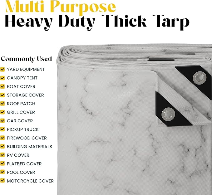 Core Tarps Extreme Heavy Duty 20 Mil Tarp Cover, Waterproof, UV Resistant, Rip and Tear Proof, Poly Tarpaulin with Reinforced Edges for Roof, Camping, Patio, Pool, Boat (Marble/White 10′ X 10′)