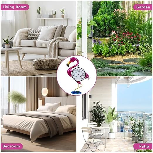 Flamingo Outdoor Thermometer, 17" H Wall Thermomter with No Need Battery, Indoor Thermometer Large Easy to Read for Patio Room Decor