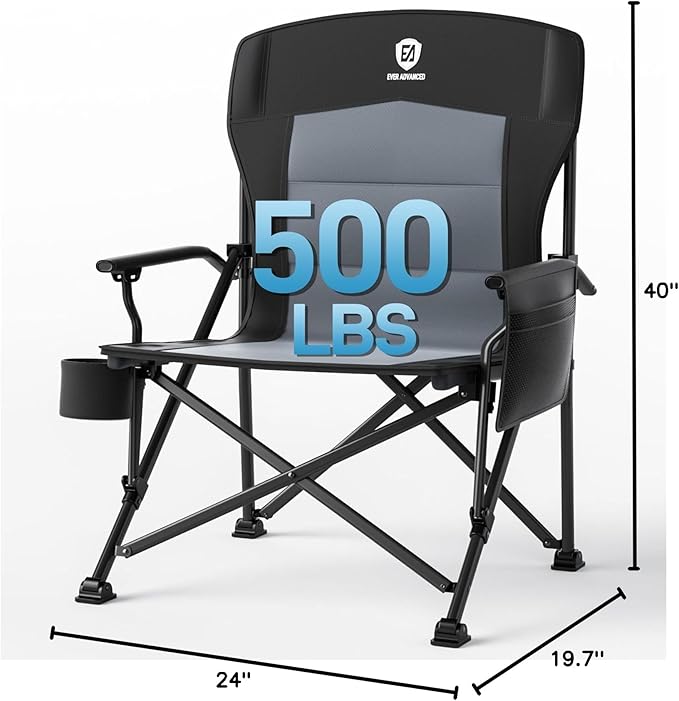 EVER ADVANCED Oversized Folding Camping Chair for Adults, Heavy Duty Lawn Chair with Side Pockets, Portable Collapsible Quad Chair for Outside, Support Up to 500lbs