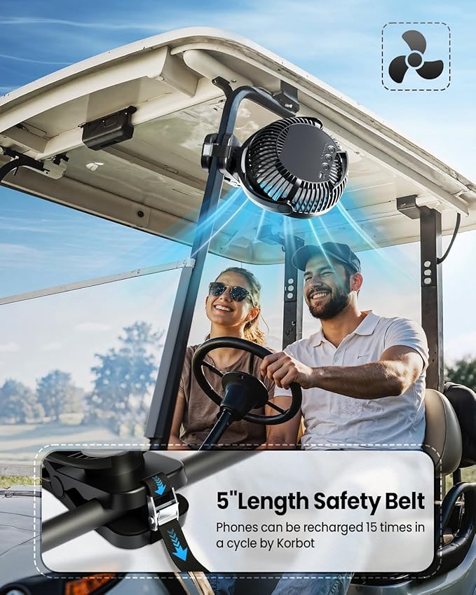 24000mAh Clip on Fan for Golf Cart - 8-inch Portable Rechargeable Fans - Max Up to 150Hrs Work Time - Battery Operated Fan with LED, Remote, Timers, Hook for Office, Desk, Camping, Tent, Treadmill