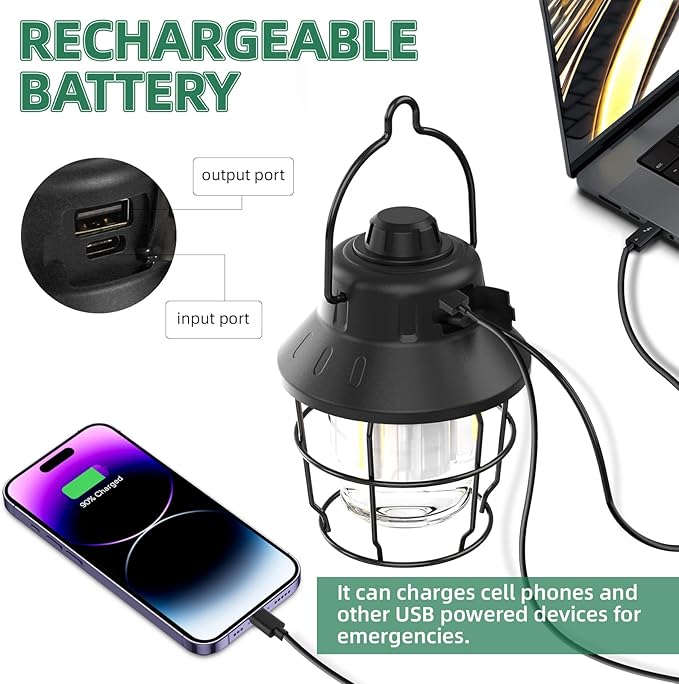 Rechargeable LED Camping Lantern, Mini Retro Portable Waterproof Lantern, 1000LM, 3 Light Modes (2700-6500K) Stepless Dimming Brightness, Hanging Tent Light for Camping, Power Outages