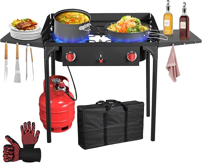 Llamaviva 2 Burner Gas Stove Propane Outdoor Stove with Wind panel,Side Shelves,Auto Ignition Button,Removable Legs &Regulator Hose&Carrying Bag 150000 BTU Propane Burners for Outdoor BBQ -gloves