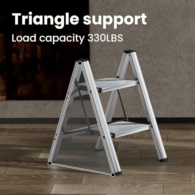 HillhutApex 2 Step Stool, Aluminum Foldable Step Ladder, Lightweight Stable Stool with Wide Non-Slip Pedals, 330lbs Bearing Capacity Ladder for Office,Home,Kitchen - Silver