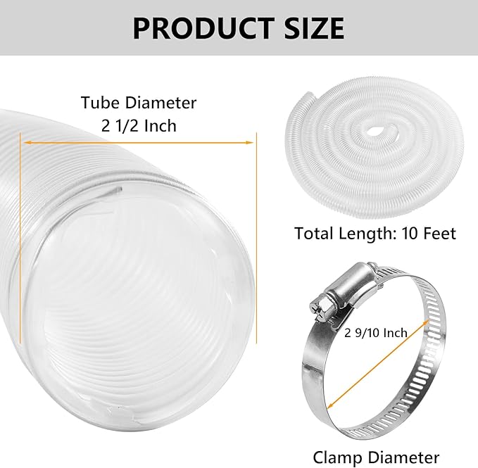 2 1/2" x 10' PVC Clear Dust Collection Hose, Puncture Resistant Fume Collection Hose with 4 Pieces Stainless Steel Clamps, Suitable for Dust Woods Debris Collection