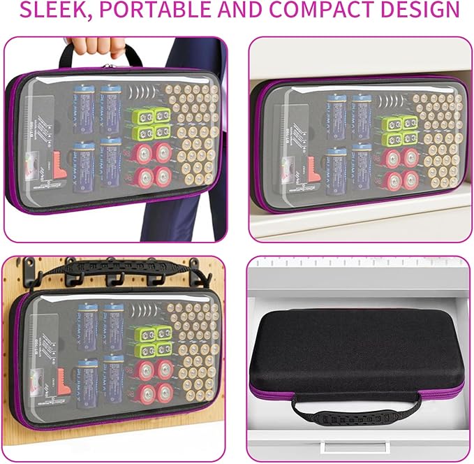 Battery Organizer Storage Case with Tester,Clear Batteries Storage Organizers Holds, Just The Right Size Slot with stable handle,Holds 57 Batteries Various Sizes（Batteries are Not Included）(Purple)