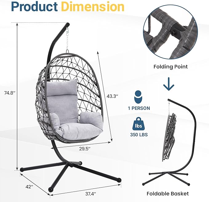 RoyalCraft Hanging Egg Chair Outdoor Swing Chair with Stand, Hammock Chair Indoor, Patio Boho Wicker Hanging Chair with Stand 350lbs Capacity for Garden, Balcony, Bedroom, Black & Gray