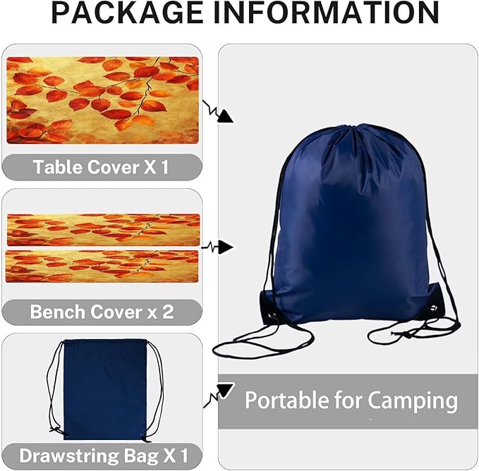 CAPSCEOLL Fitted Picnic Table Cover with Bench Covers with Elastic 8Ft Waterproof Camping Picnic Table Cover Cloths for Outdoors Camping Tablecloth with Drawstring Bag, 96X30in, Burnt Orange Leaves