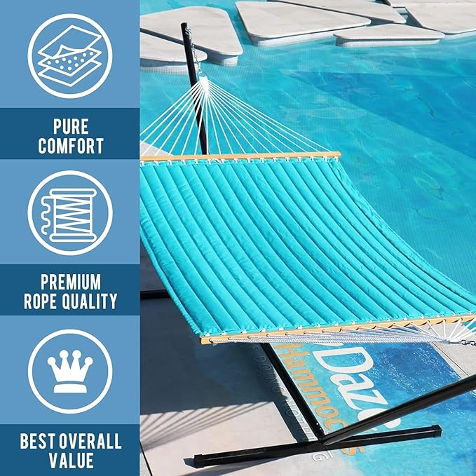 Lazy Daze Hammocks 12FT Quilted Fabric Double Hammock with Pillow, 2 Person Hammock with Spreader Bar for Outdoor Outside Patio Garden Yard Pool Beach (Blue)