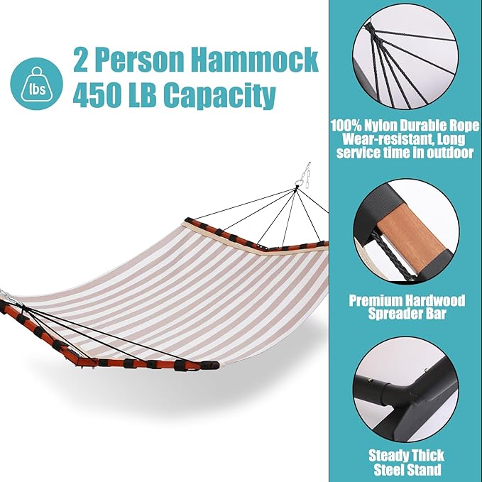 TegerDeger 12FT 2 Person Hammock Large Hammock Quick Dry 450LB Capacity with V Shaped Hardwood Spreader Bar & Nylon Rope for Outside, Patio, Garden, Backyard, Beach, Poolside - Beige Stripes